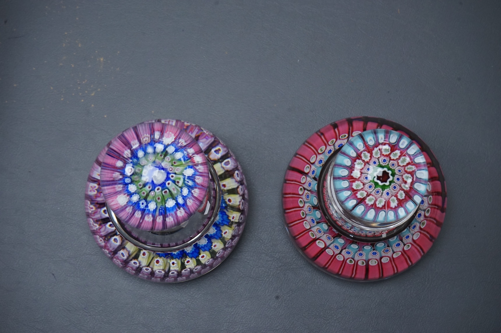 Two Whitefriars millefiori inkwells with stoppers, tallest 17cm high.